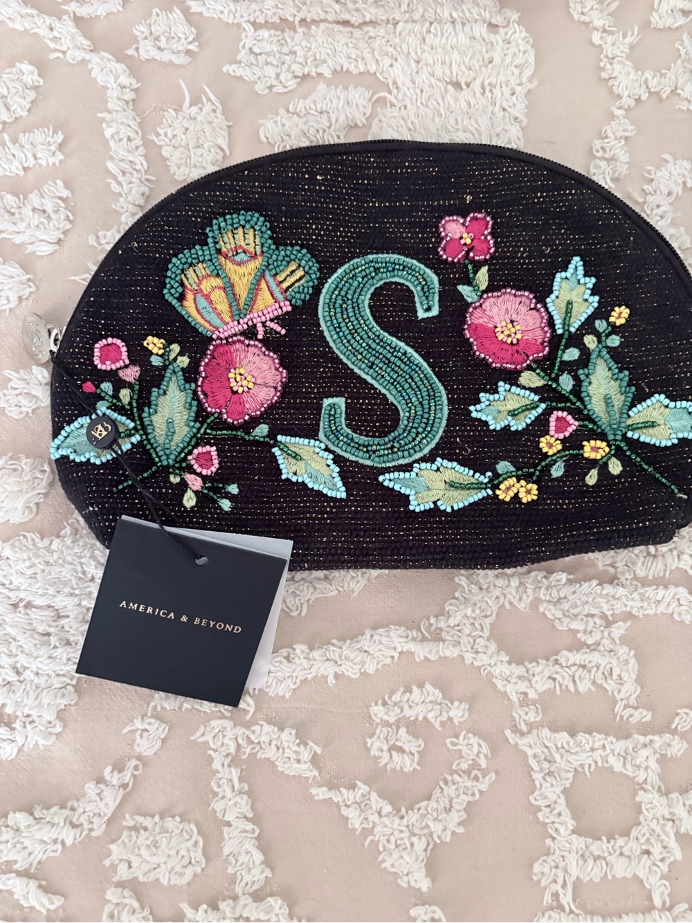 Black Beaded Cosmetic Pouch with Green 'S' Monogram